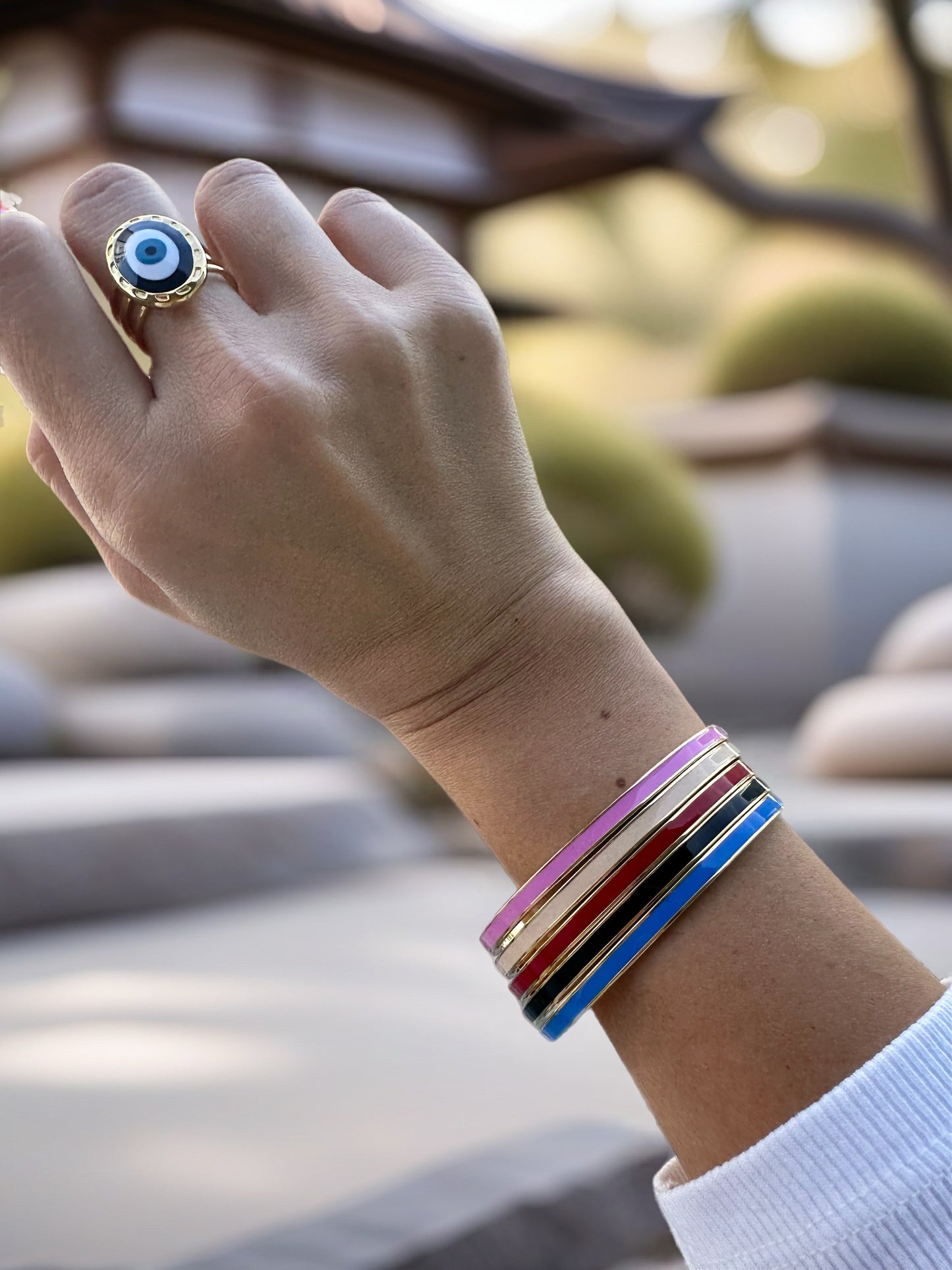 Vivid Multicolor Enamel Bangle Bracelet - 18K Gold Plated