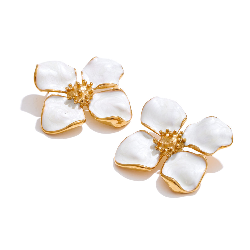 Beautiful 18K Gold Plated White Enamel Blossom Studs