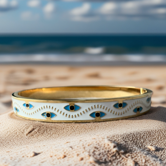 Elegant White Enamel Evil Eye Bangle – Gold Plated