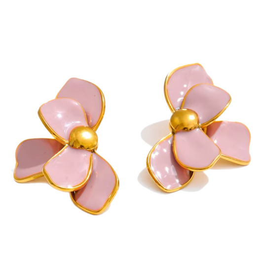 Best Pink Enamel Flower 18K Gold Plated Stud Earrings