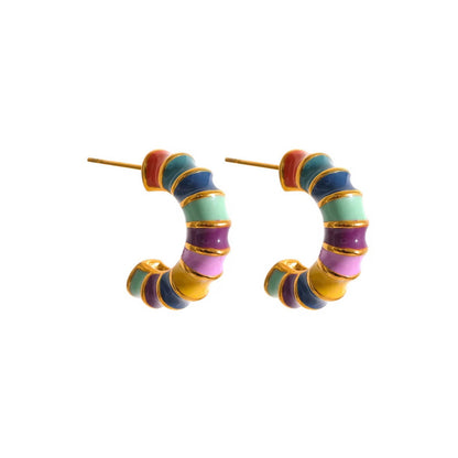 Multicolor Rainbow Hue Enamel 18K Gold Plated Stud Earrings