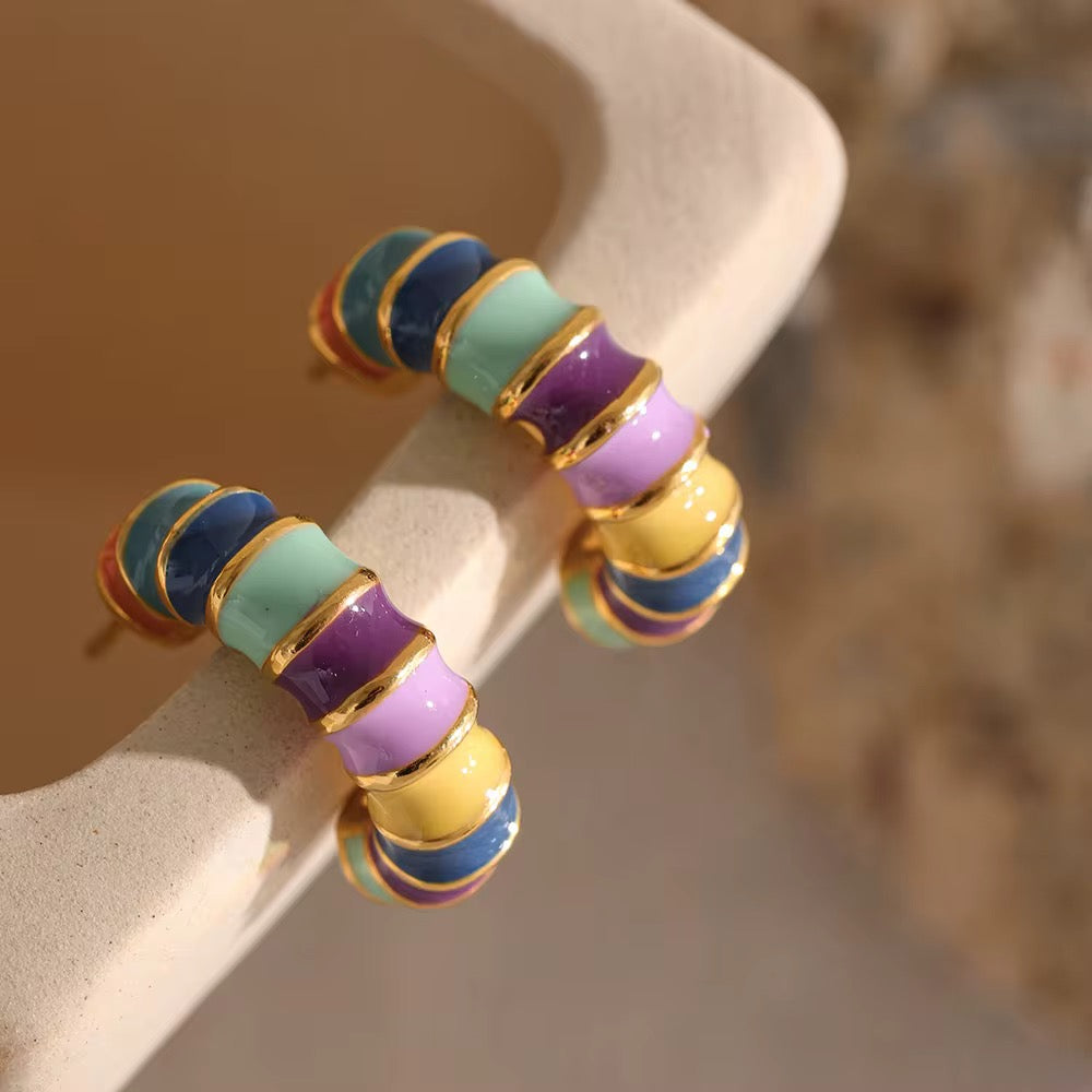 Multicolor Rainbow Hue Enamel 18K Gold Plated Stud Earrings