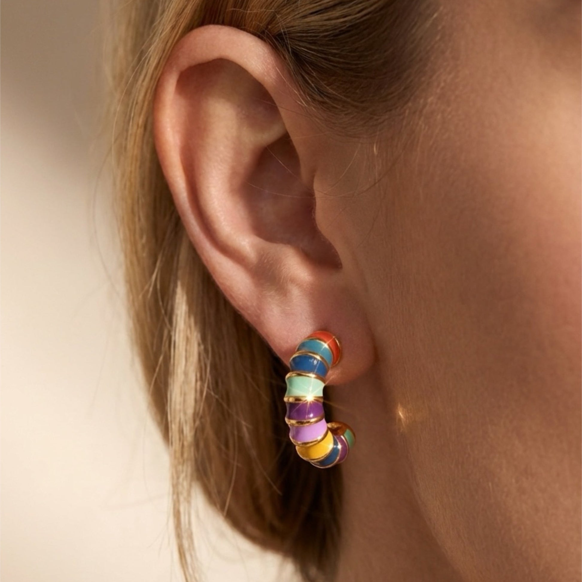 Multicolor Rainbow Hue Enamel 18K Gold Plated Stud Earrings