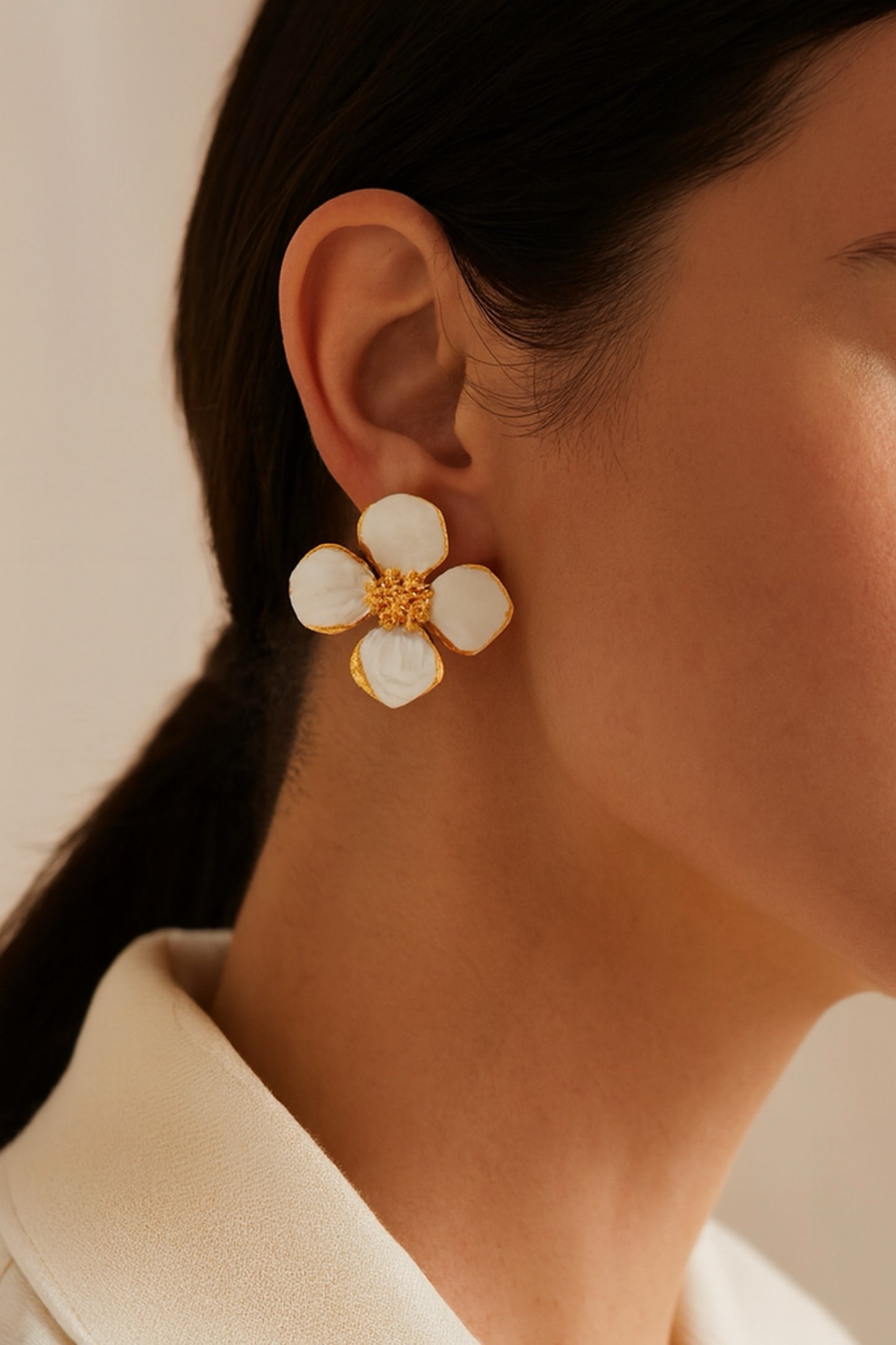 Beautiful 18K Gold Plated White Enamel Blossom Studs
