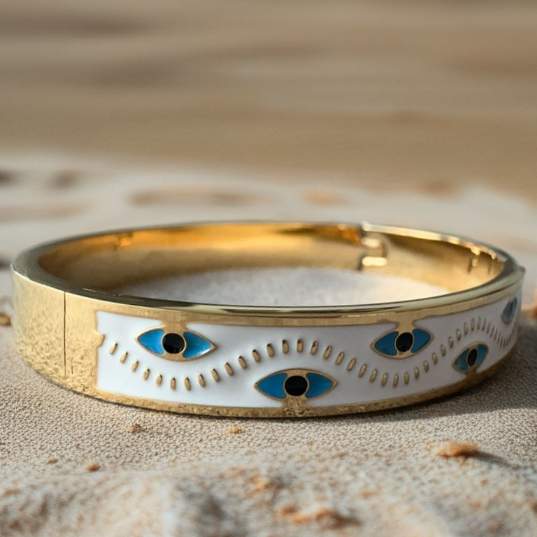 Elegant White Enamel Evil Eye Bangle – Gold Plated